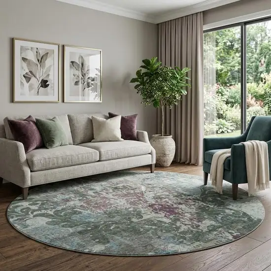 8' Fern Green Purple And Teal Damask Washable Round Rug With UV Protection Photo 1