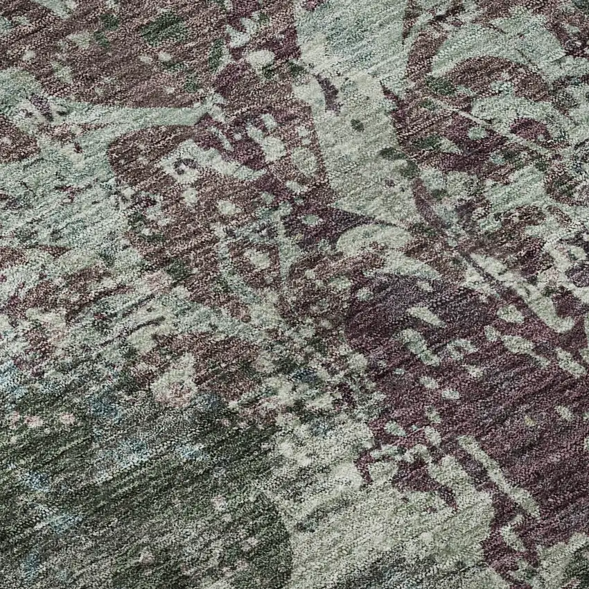 8' Fern Green Purple And Teal Damask Washable Round Rug With UV Protection Photo 8