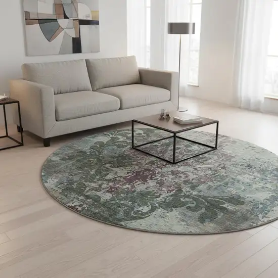 8' Fern Green Purple And Teal Damask Washable Round Rug With UV Protection Photo 2