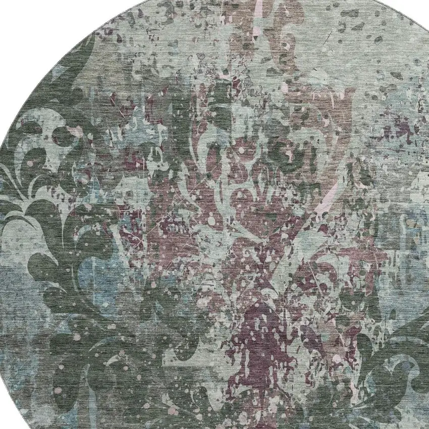 8' Fern Green Purple And Teal Damask Washable Round Rug With UV Protection Photo 2