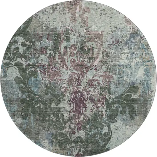 8' Fern Green Purple And Teal Damask Washable Round Rug With UV Protection Photo 1