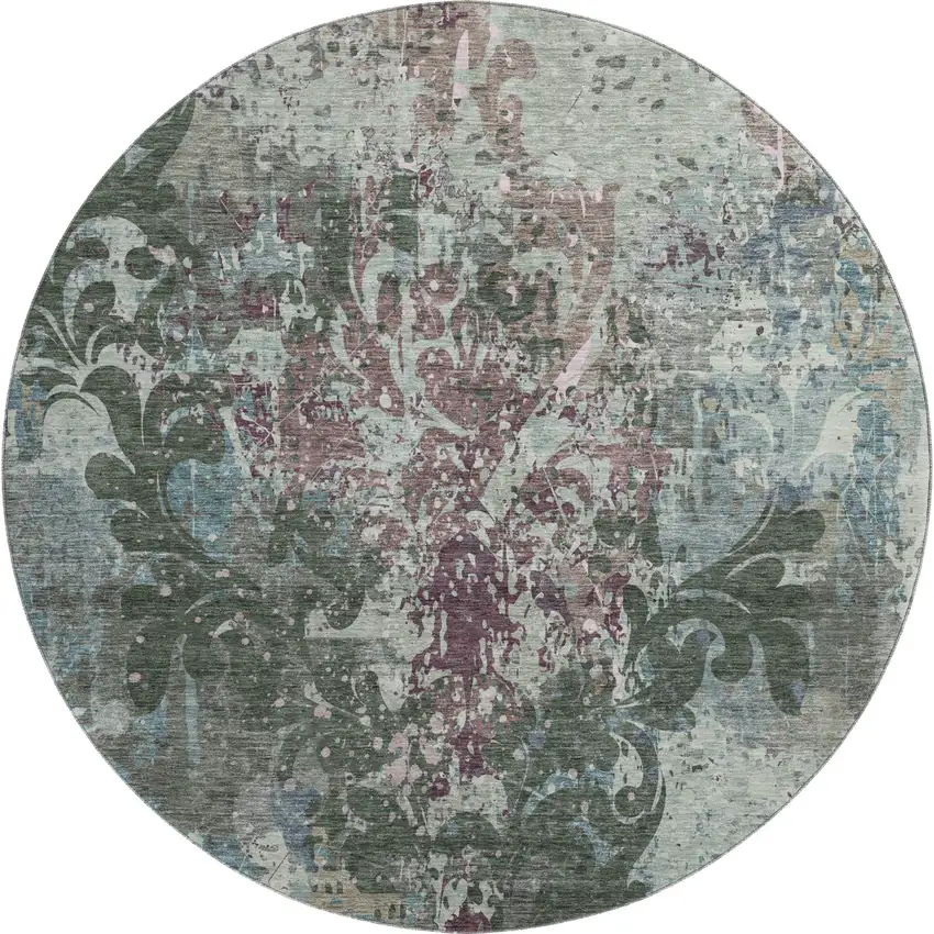 8' Fern Green Purple And Teal Damask Washable Round Rug With UV Protection Photo 1