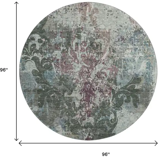 8' Fern Green Purple And Teal Damask Washable Round Rug With UV Protection Photo 9