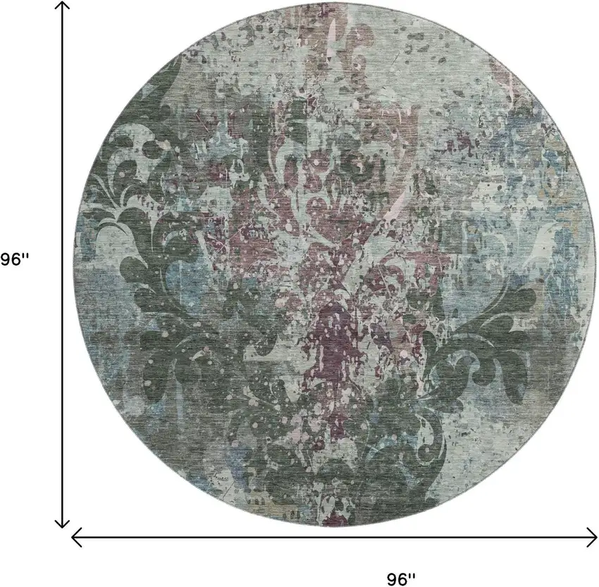 8' Fern Green Purple And Teal Damask Washable Round Rug With UV Protection Photo 9