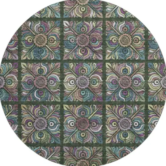 8' Fern Green Purple And Teal Medallion Washable Round Rug With UV Protection Photo 4