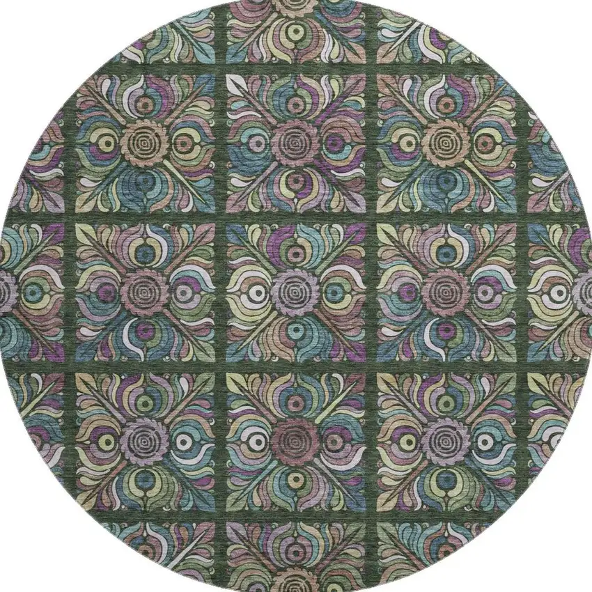 8' Fern Green Purple And Teal Medallion Washable Round Rug With UV Protection Photo 4