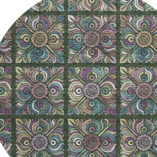 8' Fern Green Purple And Teal Medallion Washable Round Rug With UV Protection Photo 3