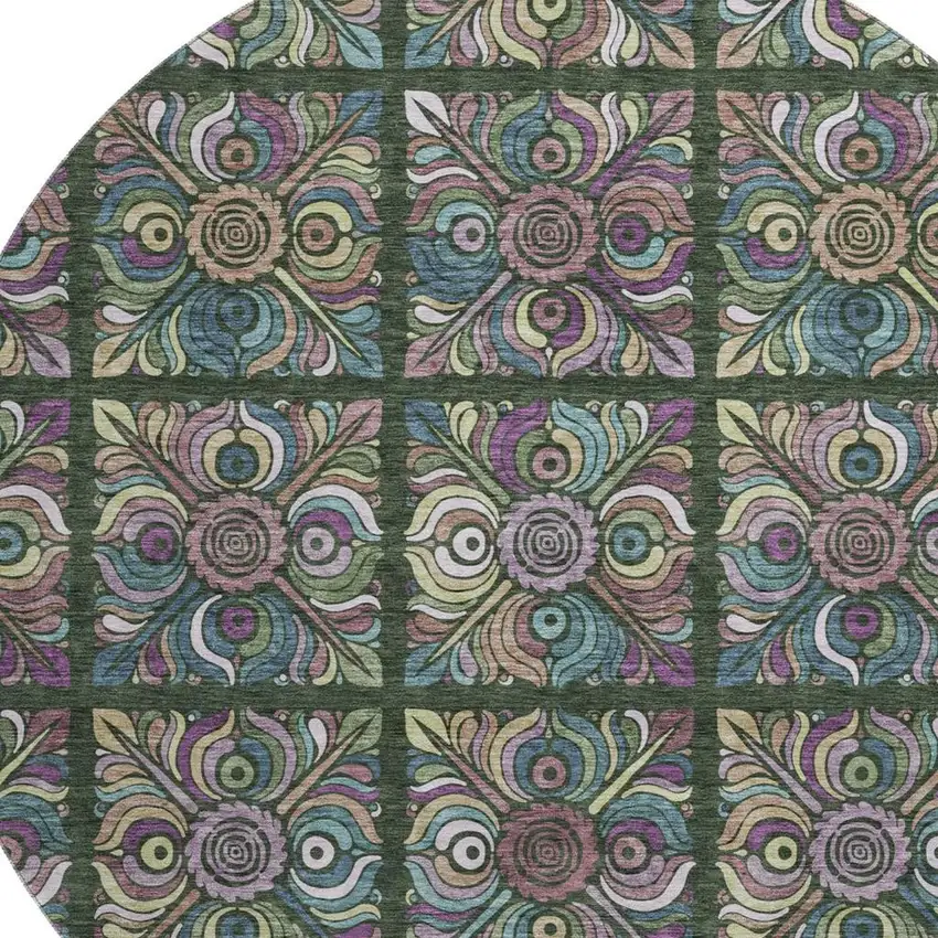 8' Fern Green Purple And Teal Medallion Washable Round Rug With UV Protection Photo 3