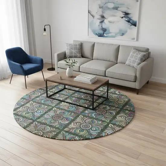 8' Fern Green Purple And Teal Medallion Washable Round Rug With UV Protection Photo 2