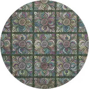 Photo of 8' Fern Green Purple And Teal Medallion Washable Round Rug With UV Protection