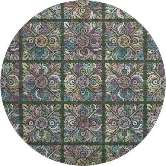 8' Fern Green Purple And Teal Medallion Washable Round Rug With UV Protection Photo 1