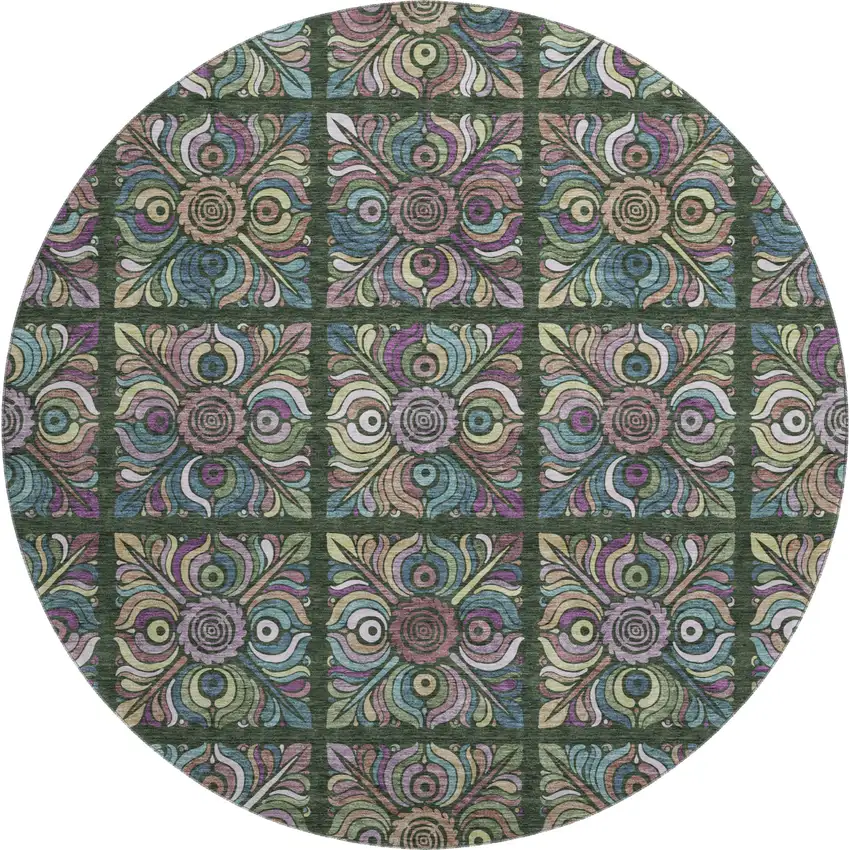 8' Fern Green Purple And Teal Medallion Washable Round Rug With UV Protection Photo 1