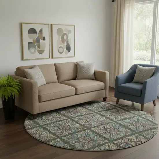 8' Fern Green Purple And Teal Medallion Washable Round Rug With UV Protection Photo 1