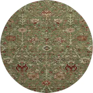Photo of 8' Fern Green Red And Ivory Floral Washable Round Rug With UV Protection