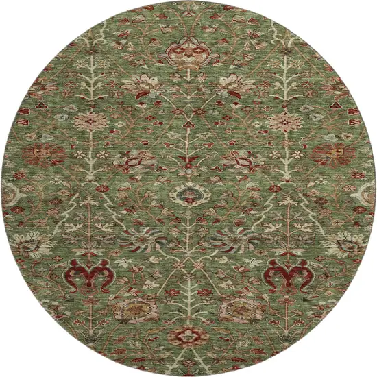 8' Fern Green Red And Ivory Floral Washable Round Rug With UV Protection Photo 1