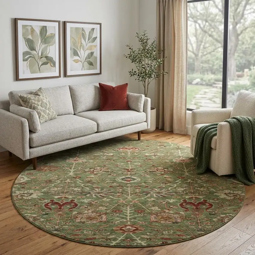 8' Fern Green Red And Ivory Floral Washable Round Rug With UV Protection Photo 1