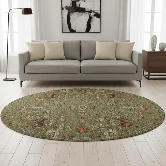 8' Fern Green Red And Ivory Floral Washable Round Rug With UV Protection Photo 2