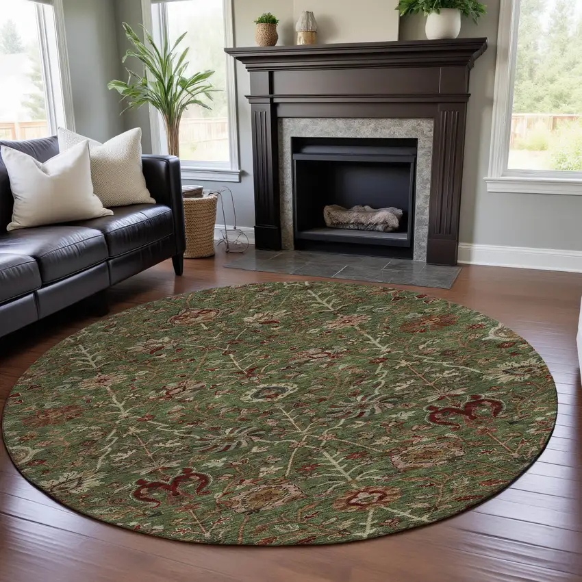 8' Fern Green Red And Ivory Floral Washable Round Rug With UV Protection Photo 4