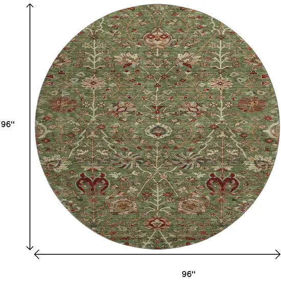 8' Fern Green Red And Ivory Floral Washable Round Rug With UV Protection Photo 9