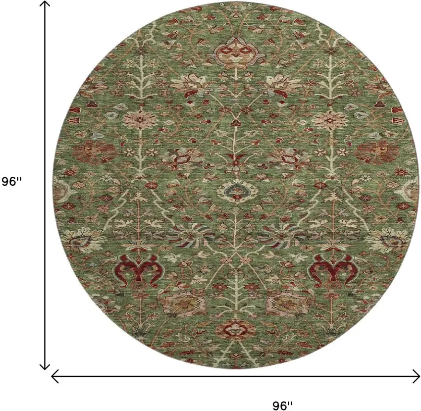 8' Fern Green Red And Ivory Floral Washable Round Rug With UV Protection Photo 9