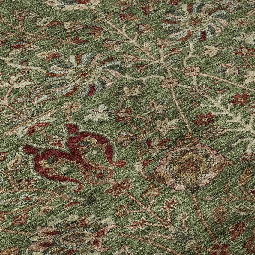 8' Fern Green Red And Ivory Floral Washable Round Rug With UV Protection Photo 8