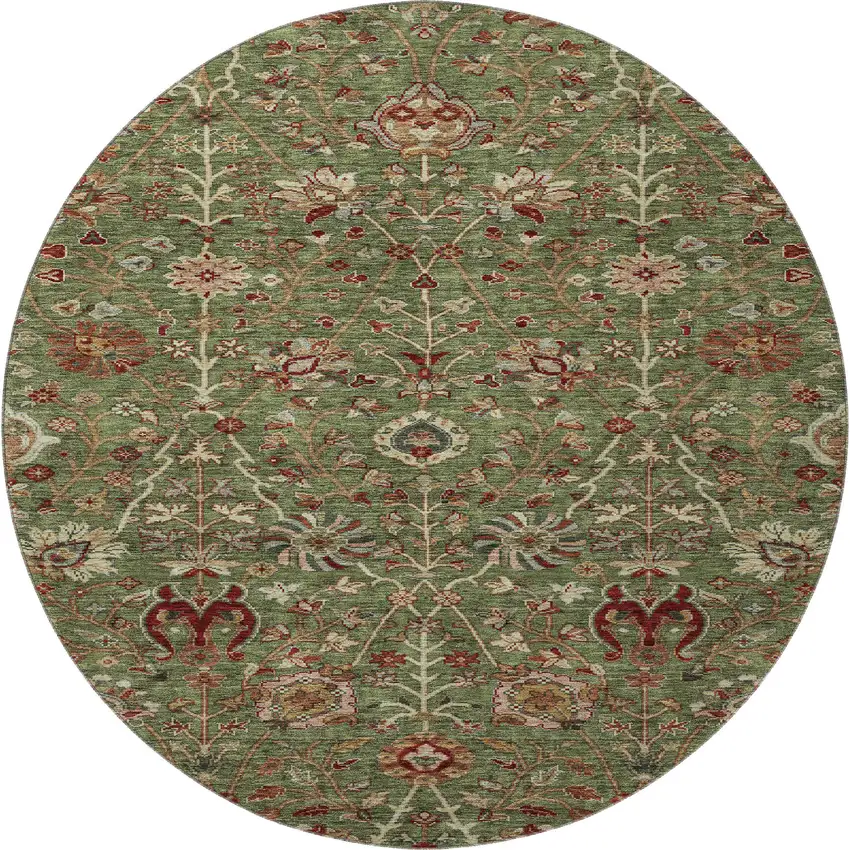 8' Fern Green Red And Ivory Floral Washable Round Rug With UV Protection Photo 3