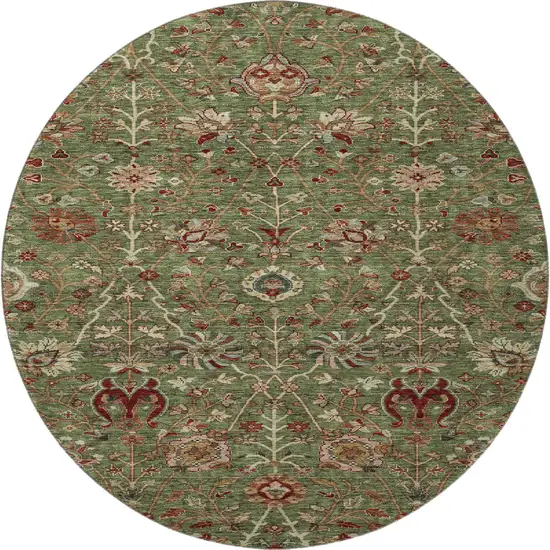8' Fern Green Red And Ivory Floral Washable Round Rug With UV Protection Photo 3