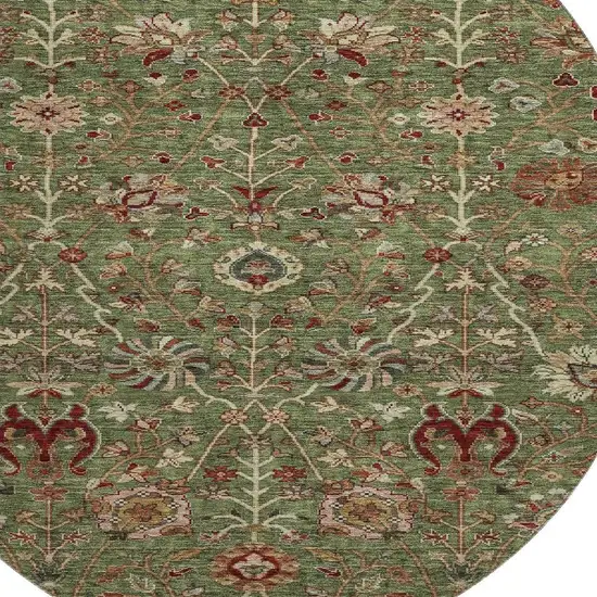 8' Fern Green Red And Ivory Floral Washable Round Rug With UV Protection Photo 2