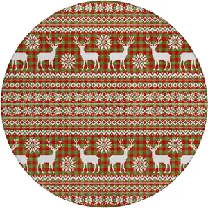 Photo of 8' Fern Green Red And Ivory Round Animal Print Washable Indoor Outdoor Area Rug