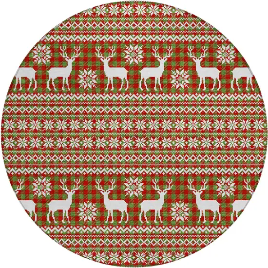 8' Fern Green Red And Ivory Round Animal Print Washable Indoor Outdoor Area Rug Photo 1