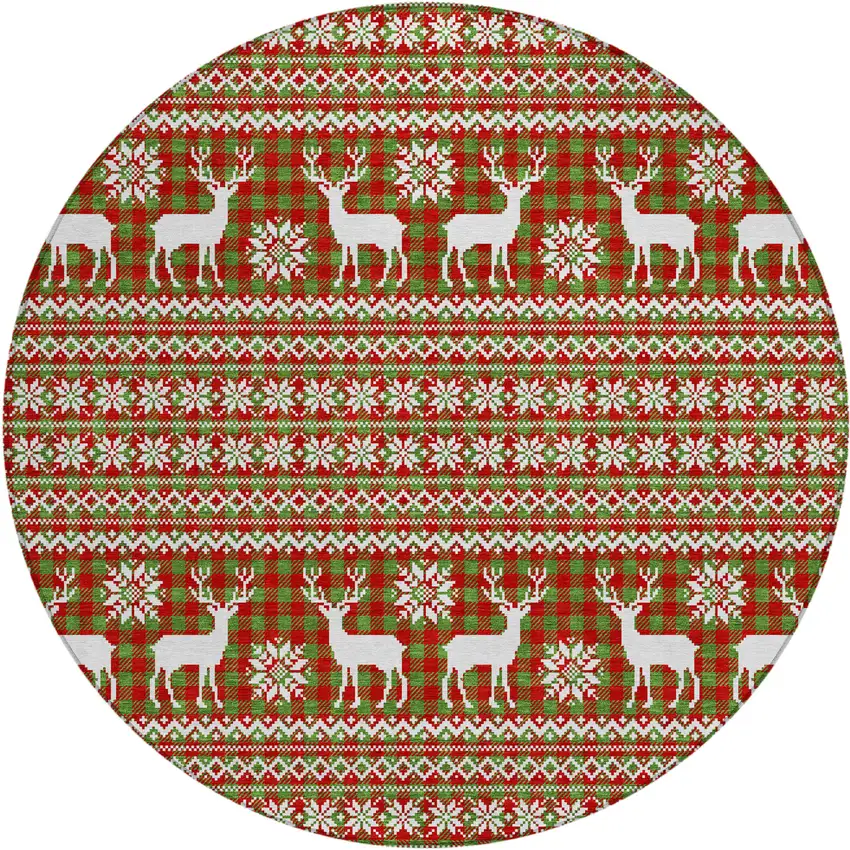 8' Fern Green Red And Ivory Round Animal Print Washable Indoor Outdoor Area Rug Photo 1