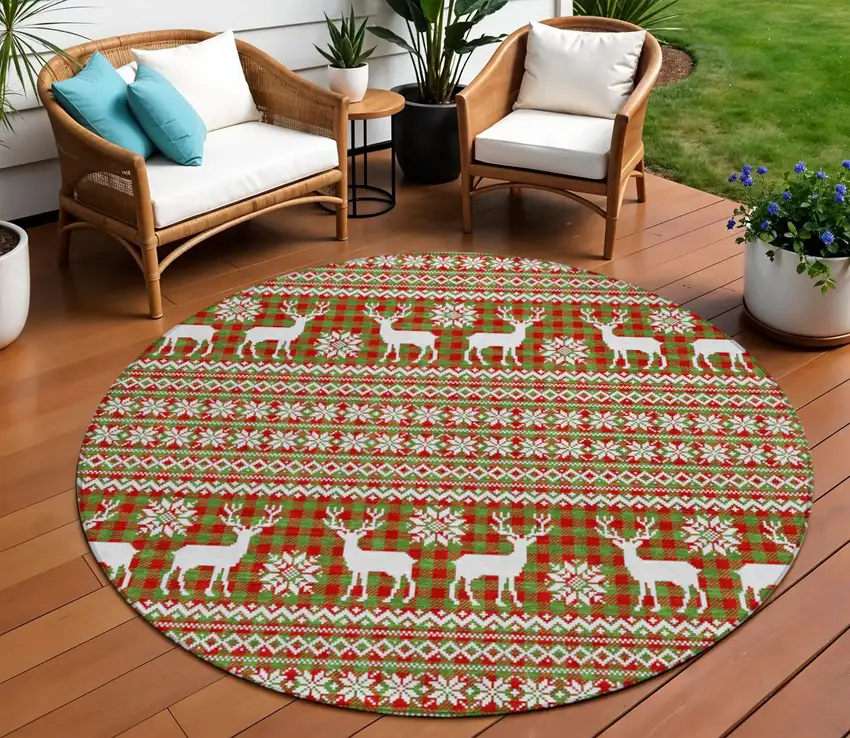 8' Fern Green Red And Ivory Round Animal Print Washable Indoor Outdoor Area Rug Photo 2
