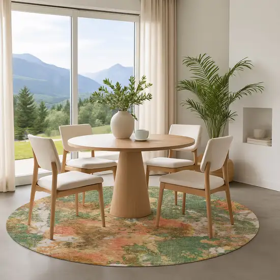 8' Fern Green Rust And Copper Abstract Washable Round Rug With UV Protection Photo 4