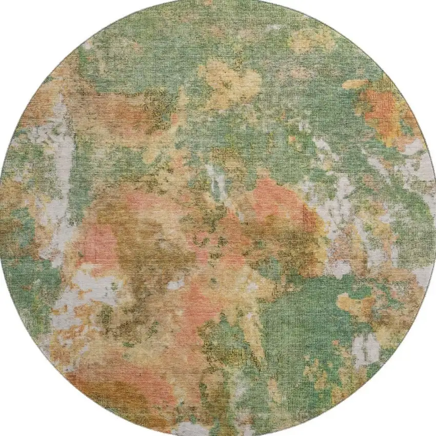 8' Fern Green Rust And Copper Abstract Washable Round Rug With UV Protection Photo 3