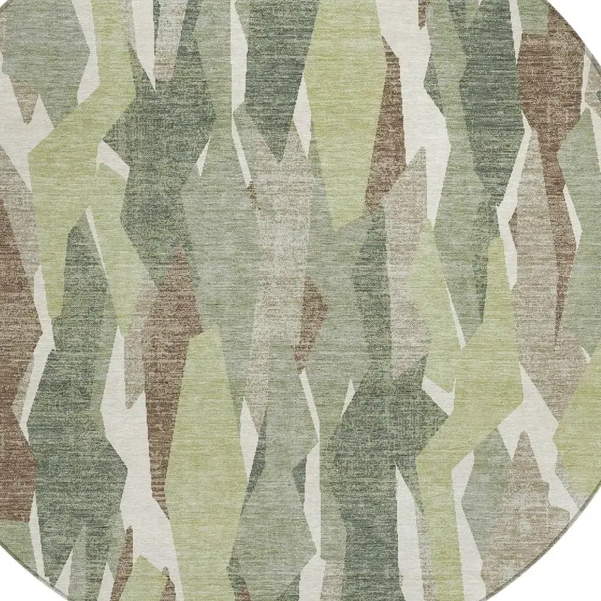 8' Fern Green Tan And Ivory Round Striped Washable Indoor Outdoor Area Rug Photo 7