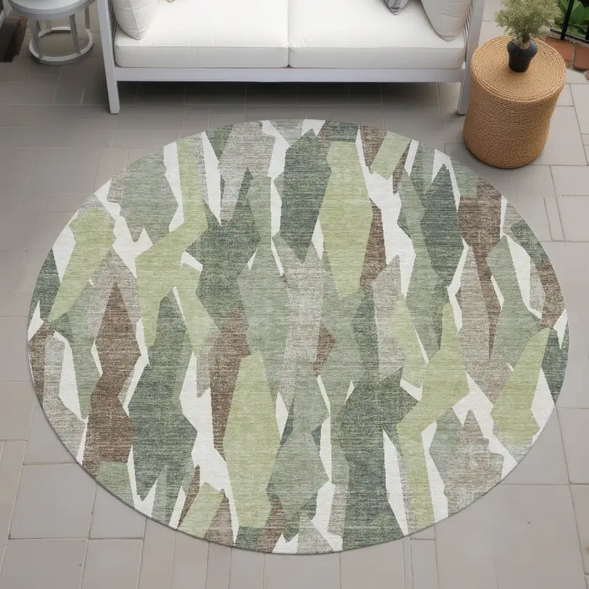 8' Fern Green Tan And Ivory Round Striped Washable Indoor Outdoor Area Rug Photo 8