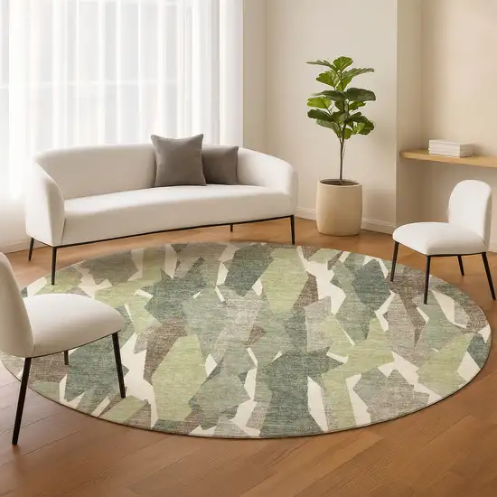 8' Fern Green Tan And Ivory Round Striped Washable Indoor Outdoor Area Rug Photo 9