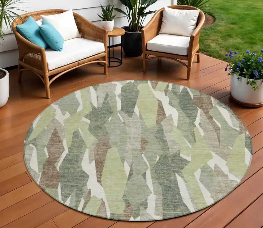 8' Fern Green Tan And Ivory Round Striped Washable Indoor Outdoor Area Rug Photo 1
