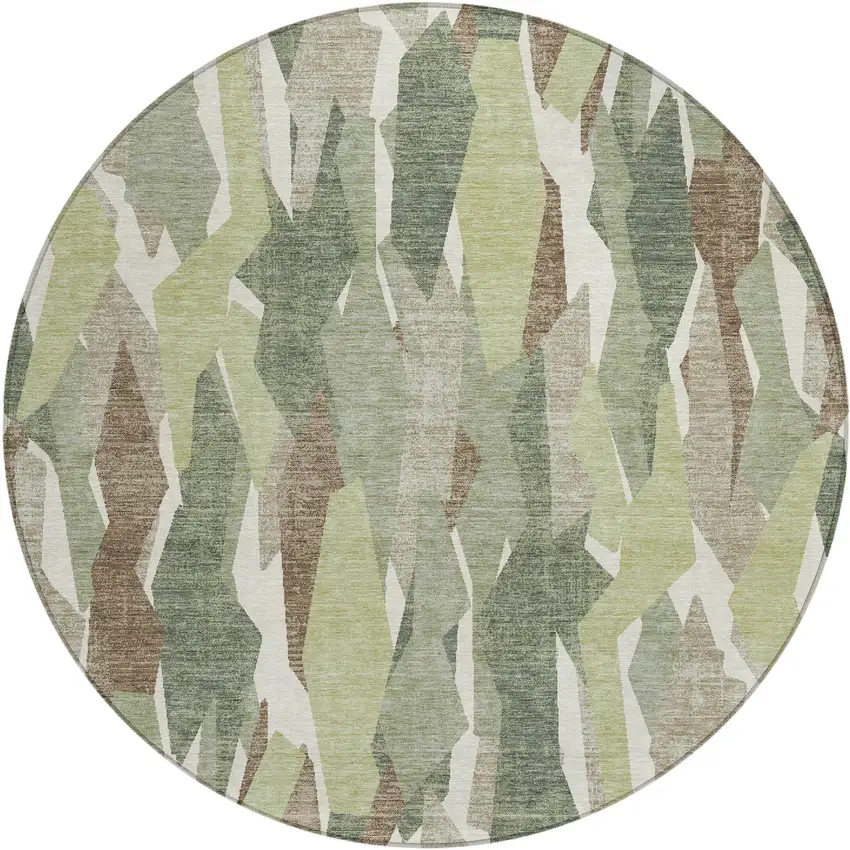 8' Fern Green Tan And Ivory Round Striped Washable Indoor Outdoor Area Rug Photo 2