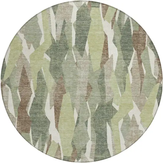 8' Fern Green Tan And Ivory Round Striped Washable Indoor Outdoor Area Rug Photo 2