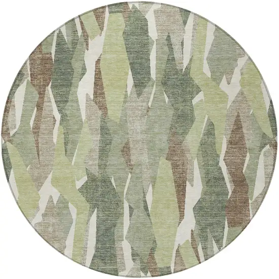 8' Fern Green Tan And Ivory Round Striped Washable Indoor Outdoor Area Rug Photo 4