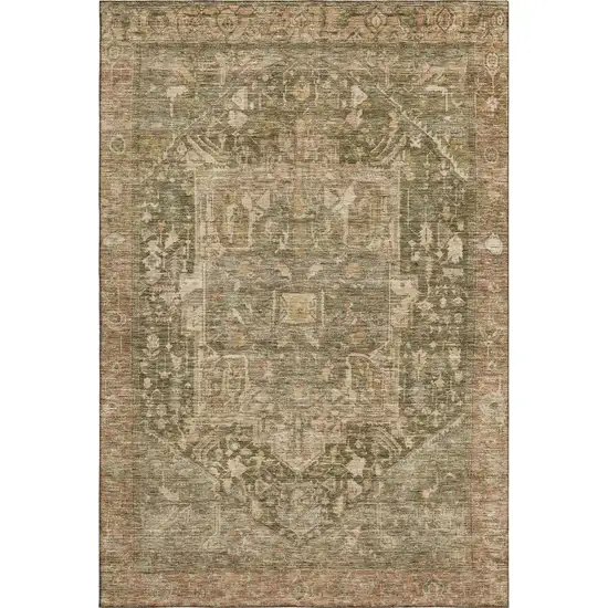 8' Fern Green Wheat And Copper Oriental Washable Area Rug With UV Protection Photo 1