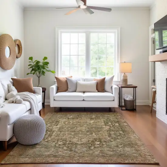 8' Fern Green Wheat And Copper Oriental Washable Area Rug With UV Protection Photo 5