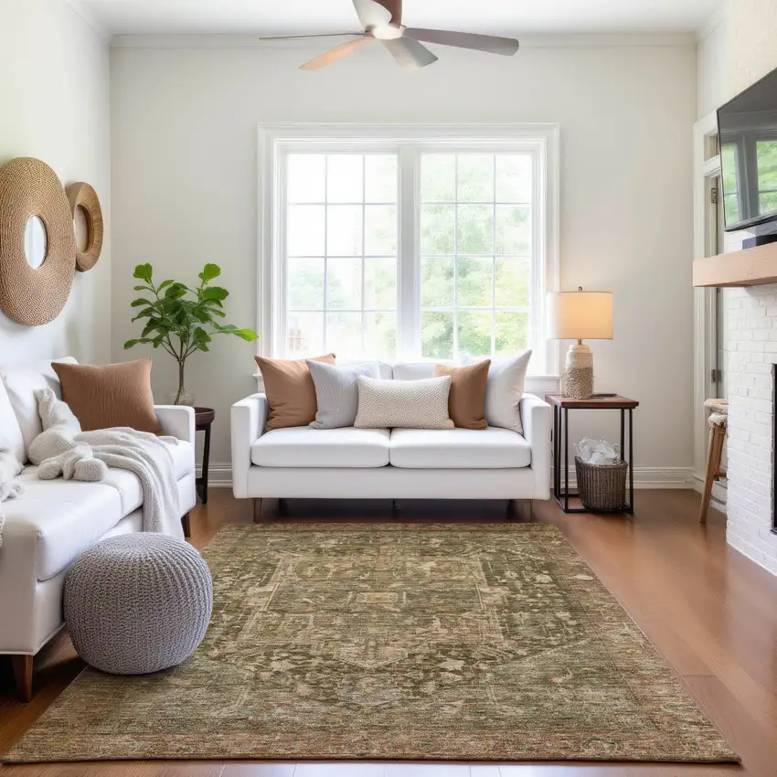 8' Fern Green Wheat And Copper Oriental Washable Area Rug With UV Protection Photo 5