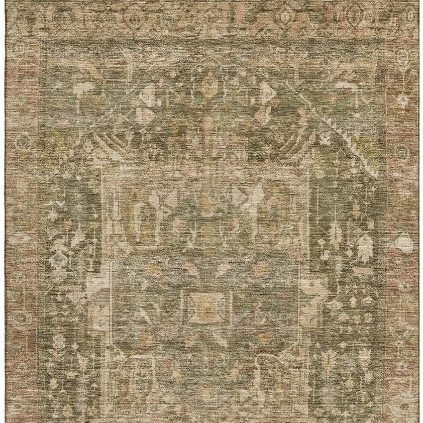 8' Fern Green Wheat And Copper Oriental Washable Area Rug With UV Protection Photo 2