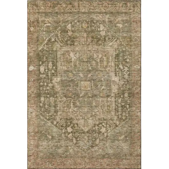 8' Fern Green Wheat And Copper Oriental Washable Area Rug With UV Protection Photo 3