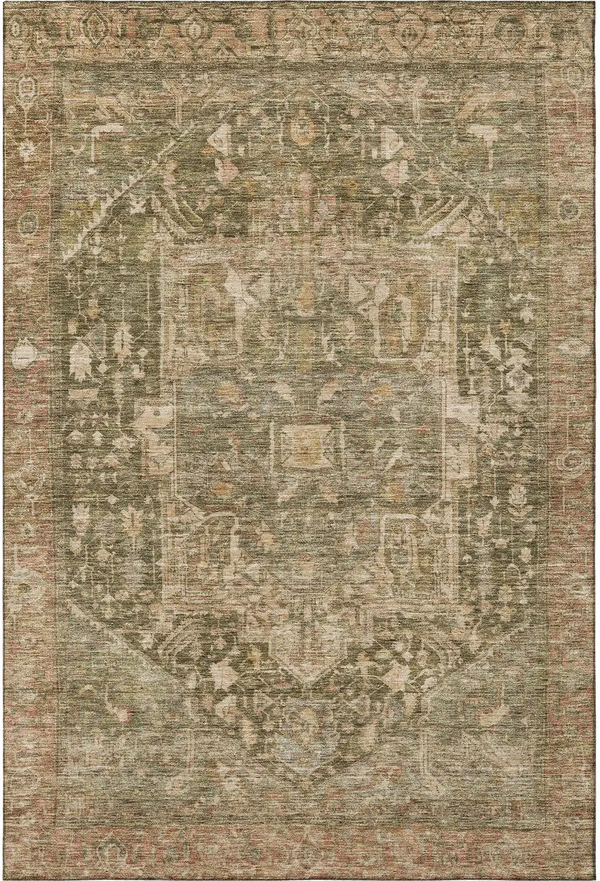 8' Fern Green Wheat And Copper Oriental Washable Area Rug With UV Protection Photo 3