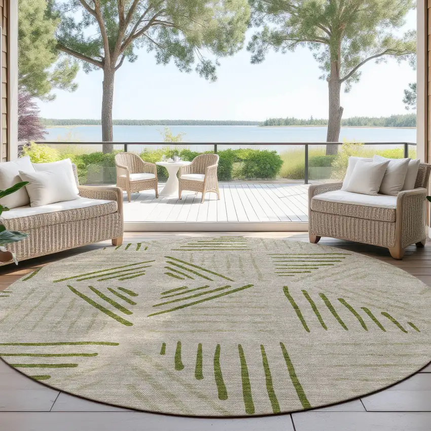 8' Flax And Sage Round Geometric Washable Indoor Outdoor Area Rug Photo 4