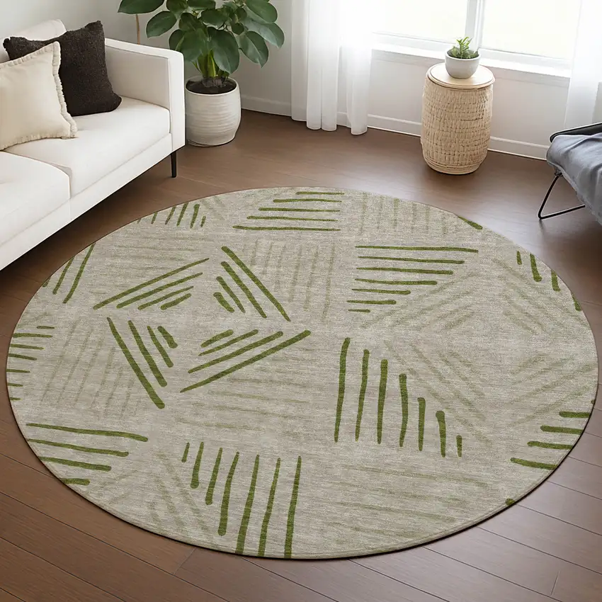 8' Flax And Sage Round Geometric Washable Indoor Outdoor Area Rug Photo 5