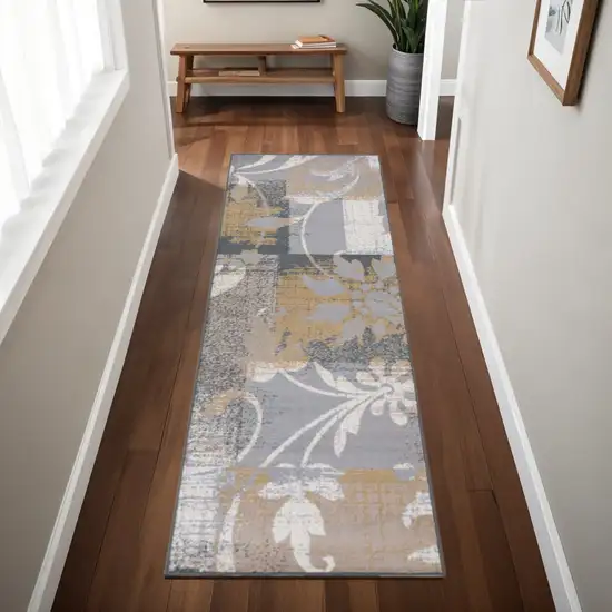 8' Beige And Black Floral Distressed Runner Rug Photo 1